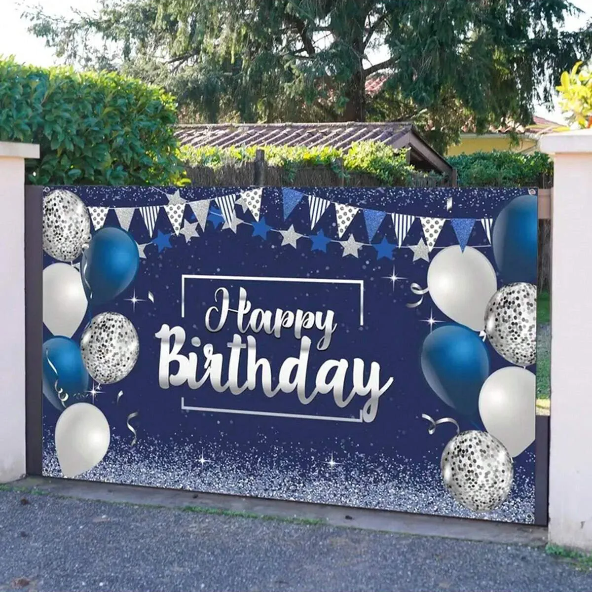 1pc Birthday Backdrop Banner,Silvery And Navy Blue Happy Birthday Yard Sign Poster,Birthday Backdrop Backgroud,Party Decoration