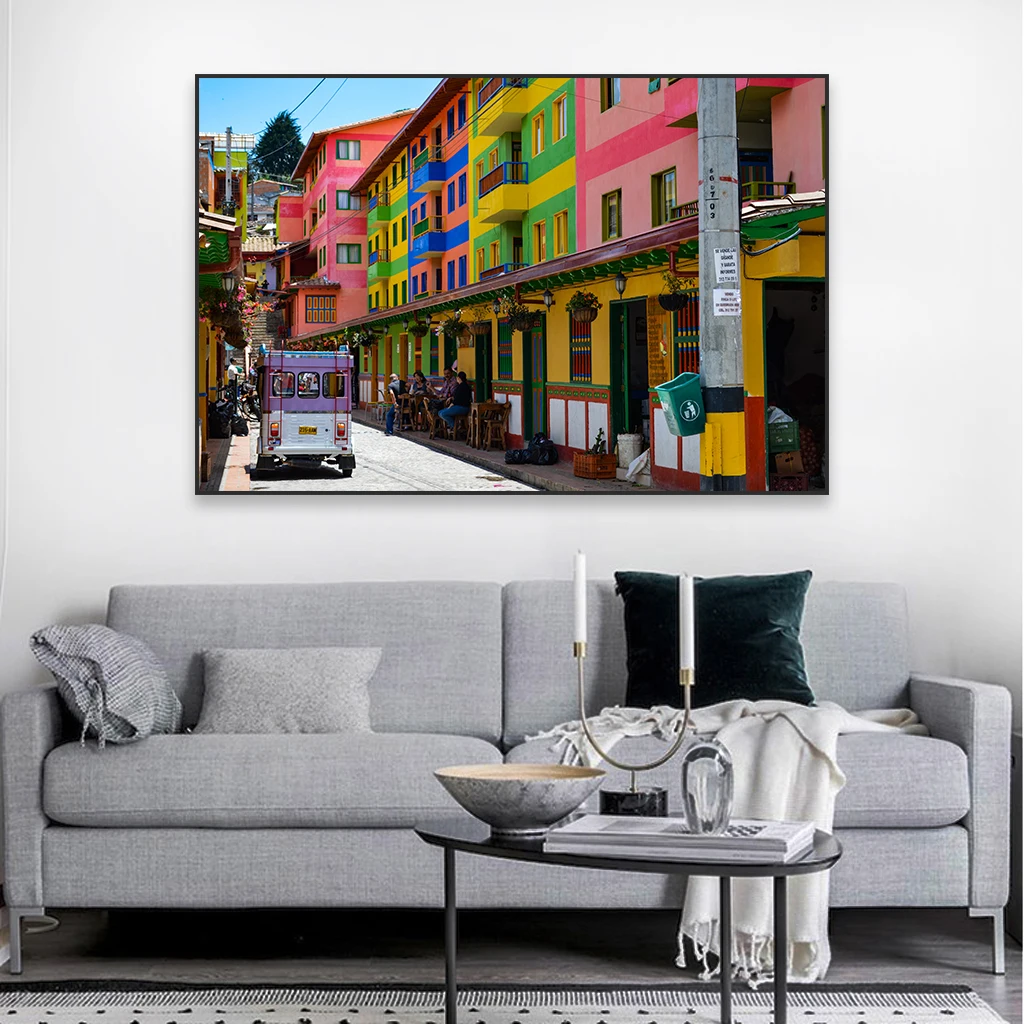 Colombia Travel Poster Colorful Street of Cartagena de Indias Landscape Print Canvas Painting Wall Art Office Reading Room Decor