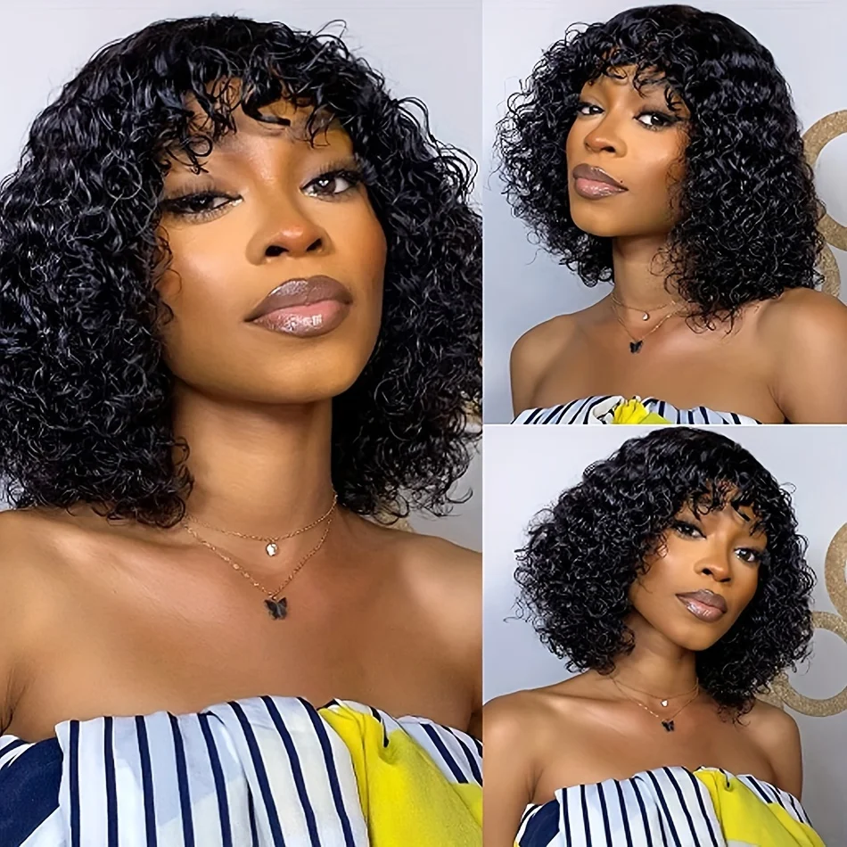 water wave 12inch natural black color bob short curly human hair wigs with bangs for women machine made 150% density remy hair