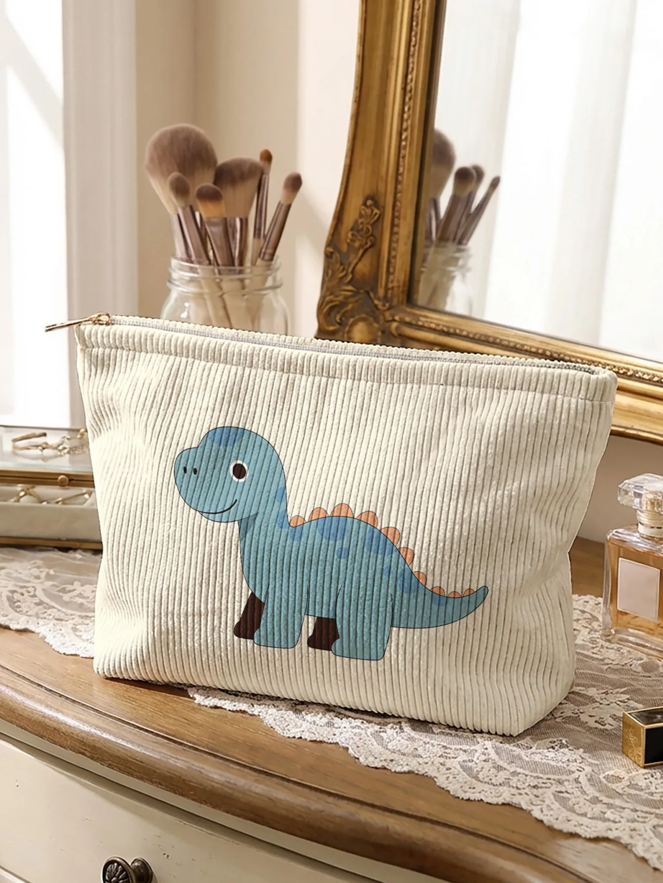 Cute light blue brachiosaurus dinosaur printed corduroy makeup bag, lightweight zipper pouch, multifunctional lined cosmetic bag