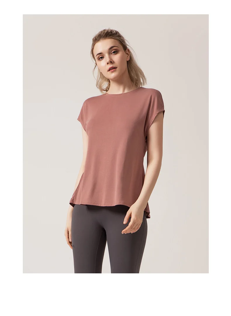 Women's Split Side Yoga Top Sexy Open Back Fitness T-shirt Loose Fit Workout Tee Running Sports Cover Gym Wear Woman Clothing