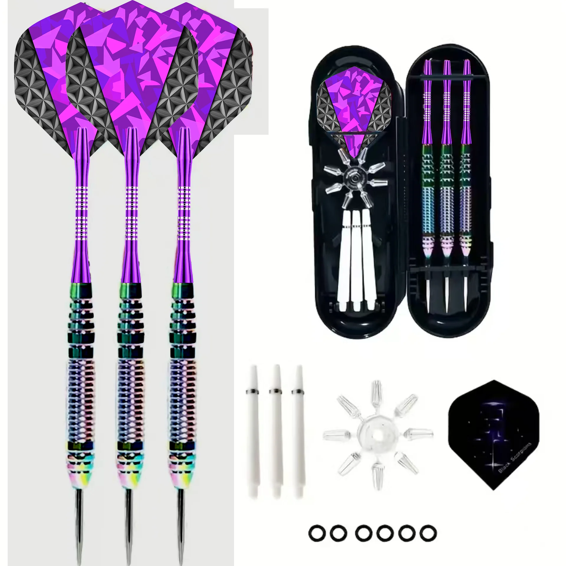 22g Professional Dart Set Metal Steel Tip Rainbow Barrel Darts with Nylon Shaft Protector Dart Set+3pcs Extra Dart Flights