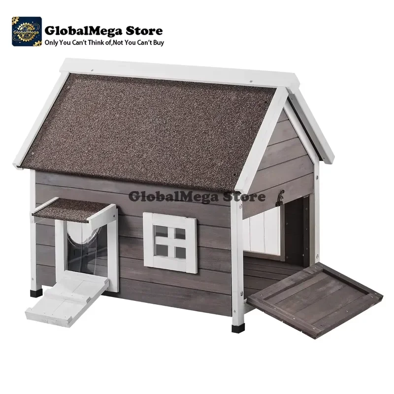 2026 Latest Outdoor Cat House 22x30x26 Inch Weatherproof Feral Cat Shelter Wooden Cat Kennel for Multiple Cats Side Door