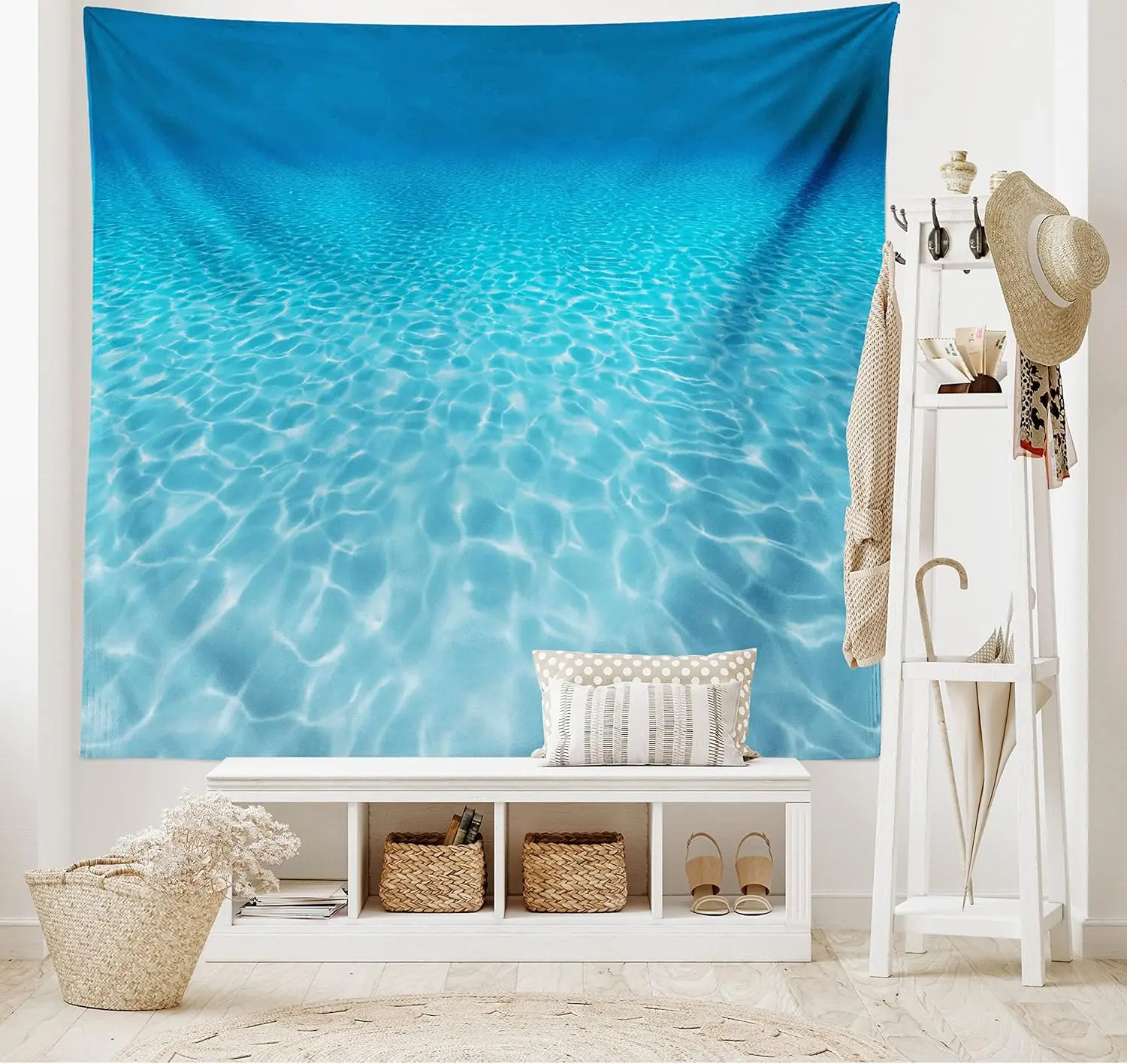 Tropical Underwater Ocean Sunlight Tapestry Blue Wave Pattern Wall Hanging Boho Beach Decor for Bedroom Bathroom Living Room Hom
