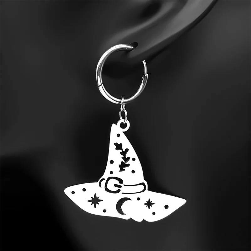 Witch Hat Star Moon Snowflake Hoop Earrings for Women Men Stainless Steel Silver Color Drop Earrings Halloween Gifts 3494