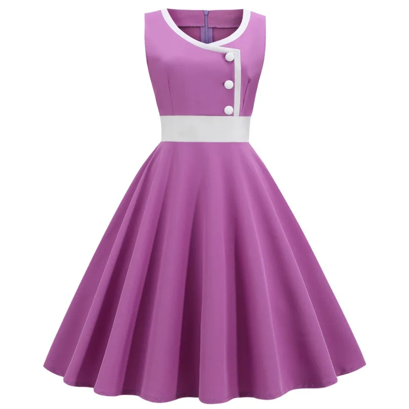 Dress Women Summer 2022 New Leisure Sleeveless O-neck Back Zipper Thin Waist Button Dresses Casual Vestidos Sale JQMY6175