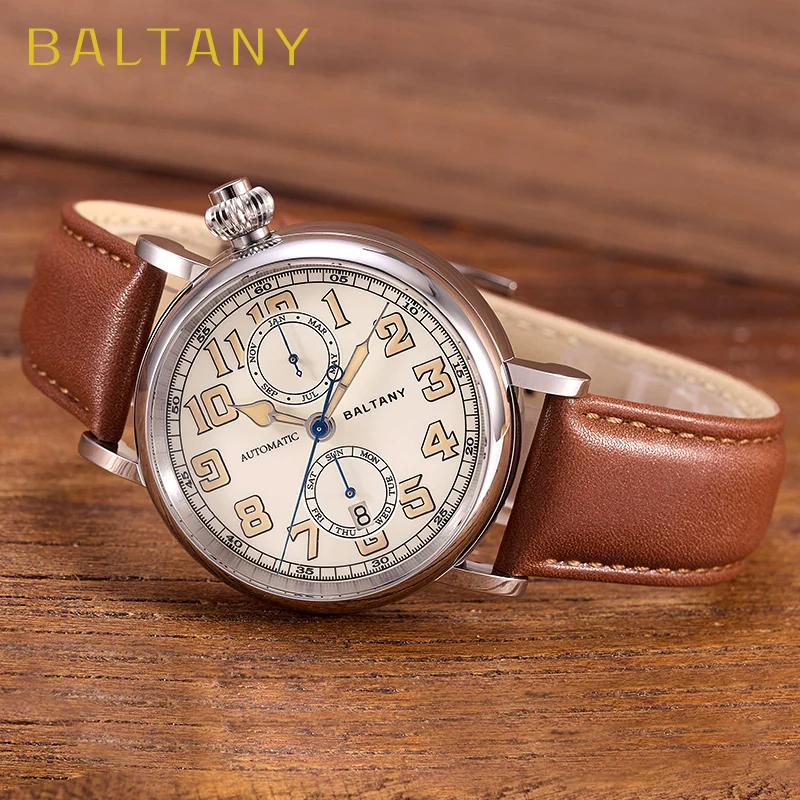

Baltany 41mm Polit Watch Man S6047 5ATM Complete Calendar SapphireCrystal Vintage Homage A-7 1935 Avigation 9122 Automatic Watch