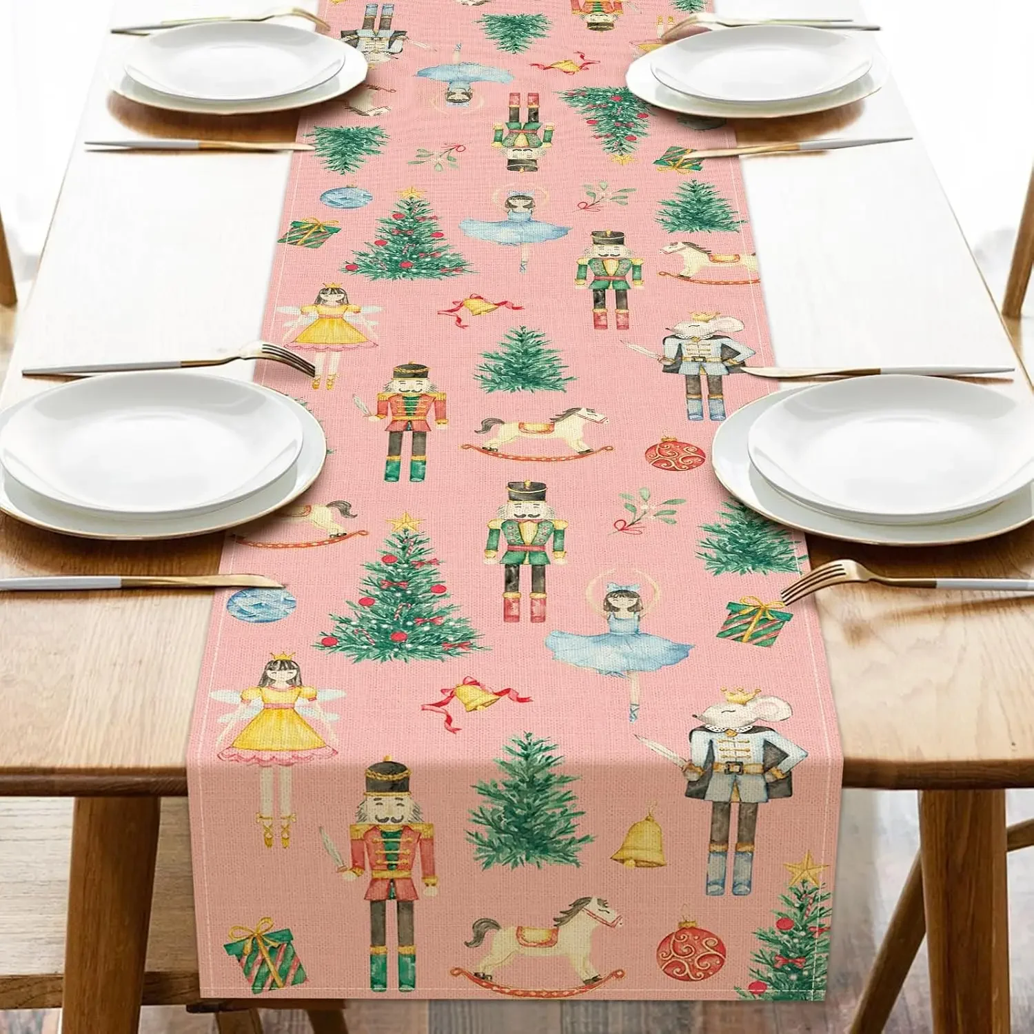 1Pc Christmas Nutcracker Table Runner Pink Ballet Horse Tree Print Table Cover For Dining Kitchen Party Decoration Tabletop Deco
