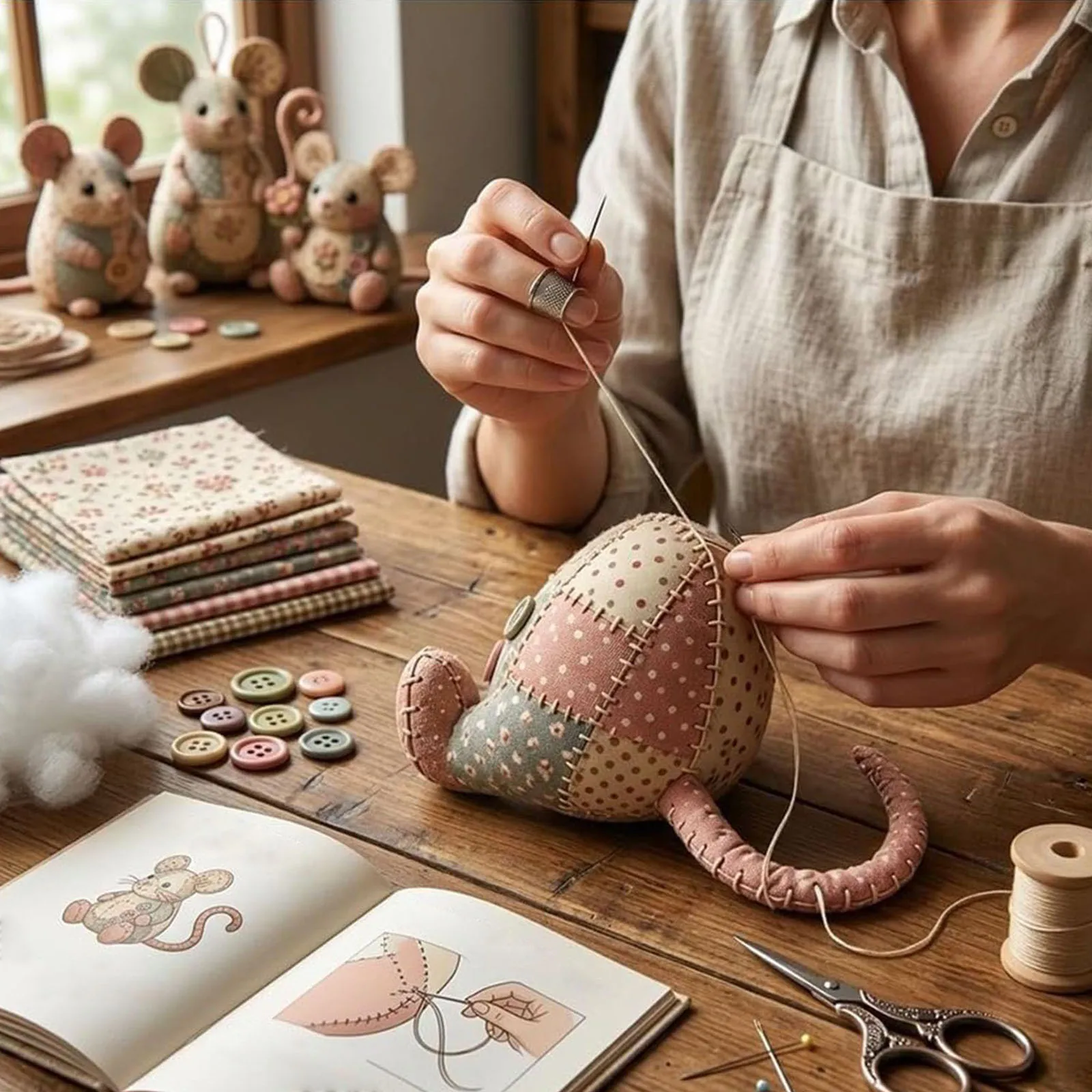 Handmade Mouse Beginner Sewing Kit with Pre-Cut Fabric & Supplies Patchwork Stuffed Animal Kit for Beginners Adults