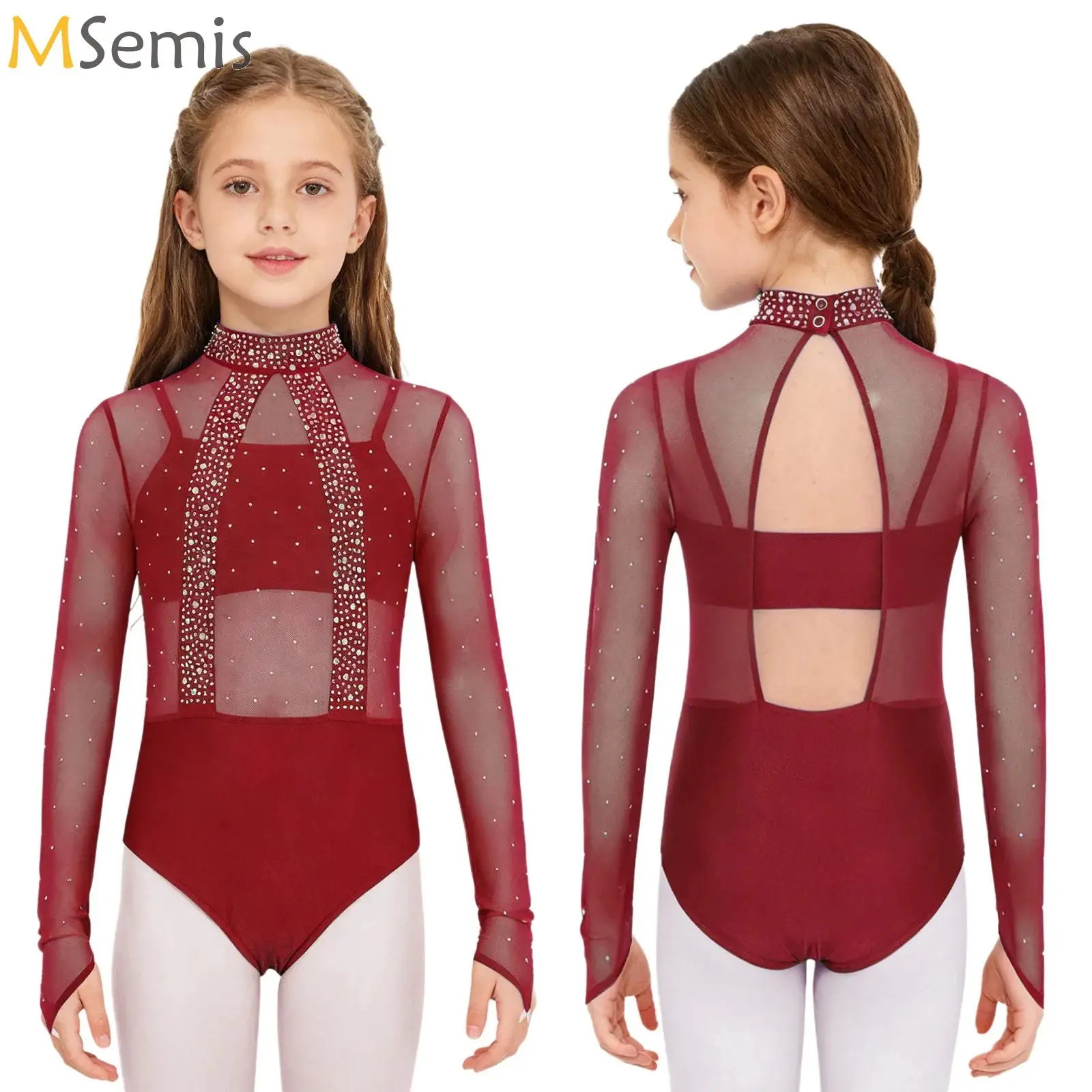 

Kids Girls Figure Skating Dancewear Shiny Rhinestone Ballet Jersey Dance Leotard+Vest Sheer Mesh Long Sleeve Performance Clothes