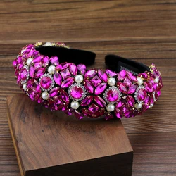 Handmade Gorgeous Hot Pink Full Crystal And Pearl Baroque Hairbands Bridal Padded Headbands For Women Wedding Party