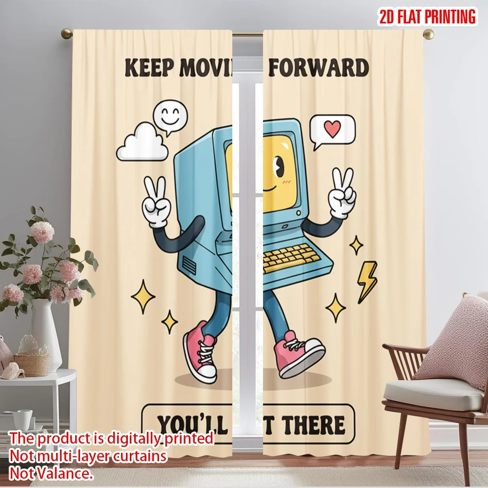 

2pcs 2D flat printing Window Curtains Keep Moving Forward Computer Character 100% Polyester Without Electricity Festive Curtains