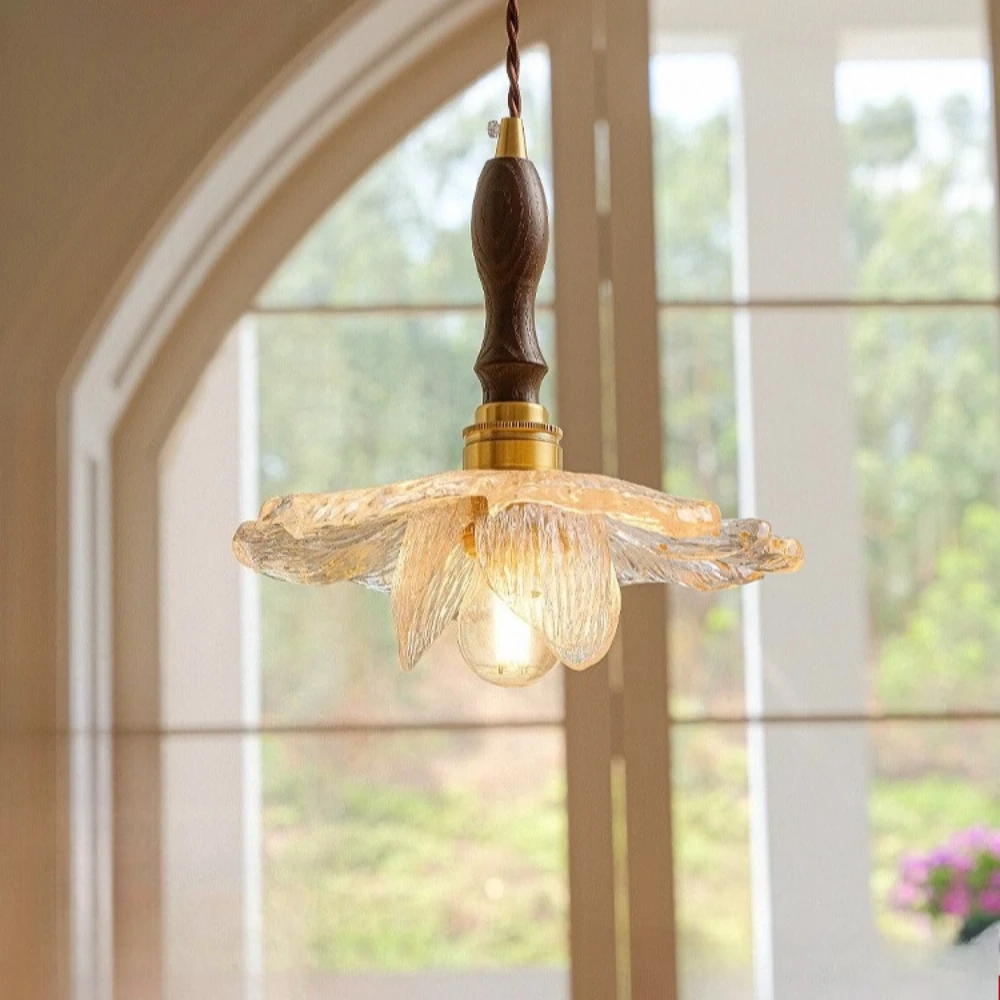 French vintage bedroom bedside pendant light with petals American retro style walnut bar counter restaurant pendant light