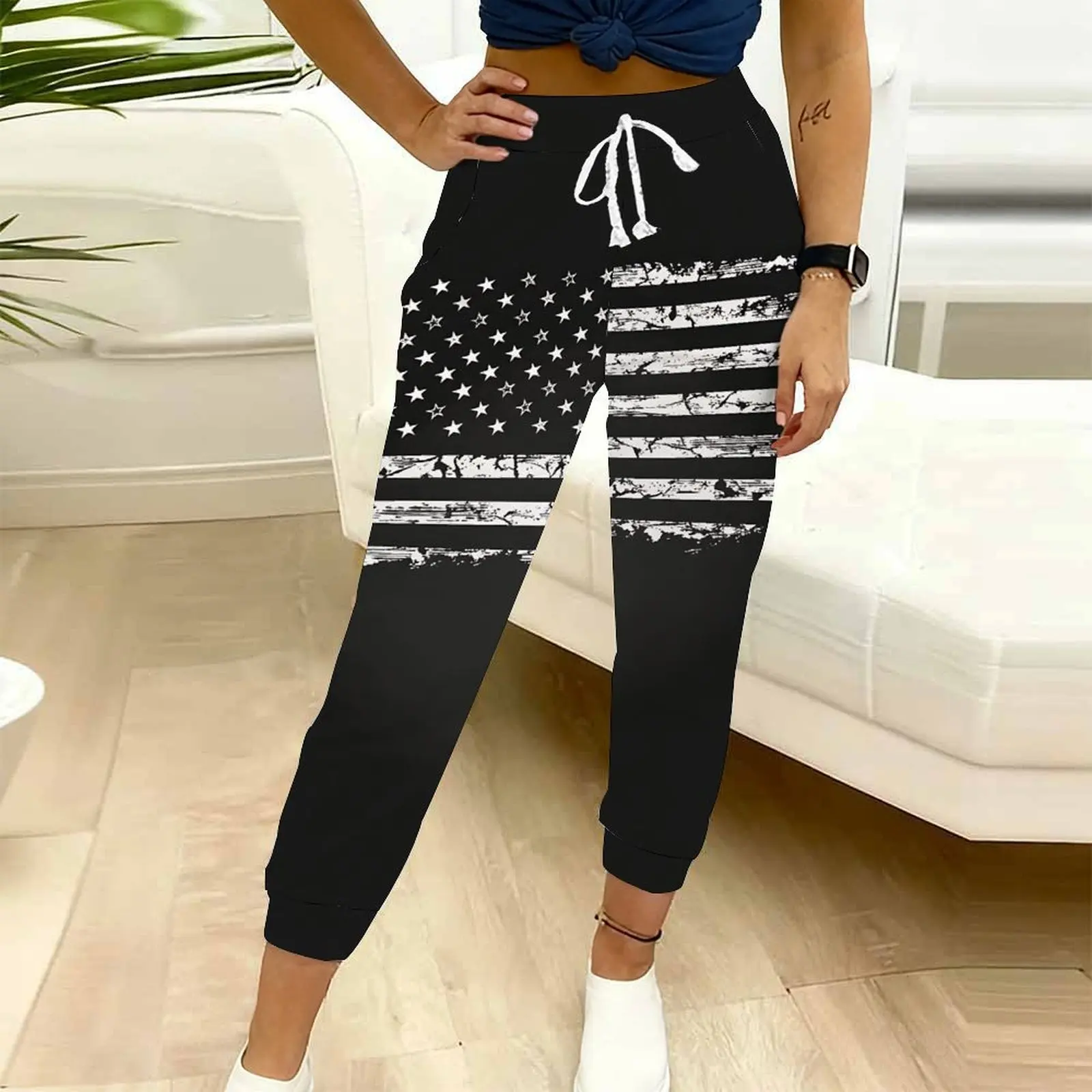 Autumn Winter Black and white star shape Joggers High Waist Drawstring Pocket Sweatpants Women's Daily Casual  Sport Pants