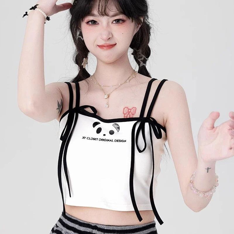 Summer Pure Desire Wind Sweet Spicy Girl Panda Y2k Strap Small Tank Top Knitted Top