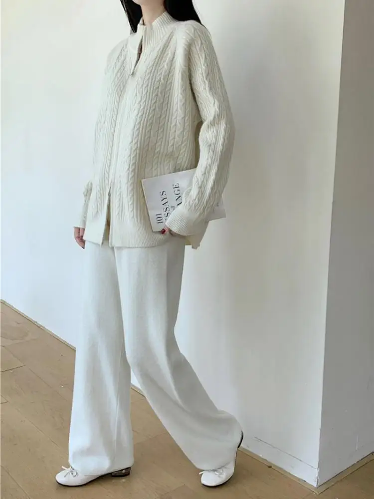 

Korean Women Autumn Winter Two Piece Set Women Solid Zipper Cardigan Knit Sweater Tops And High Waist Wide Legs Long Pant Suits
