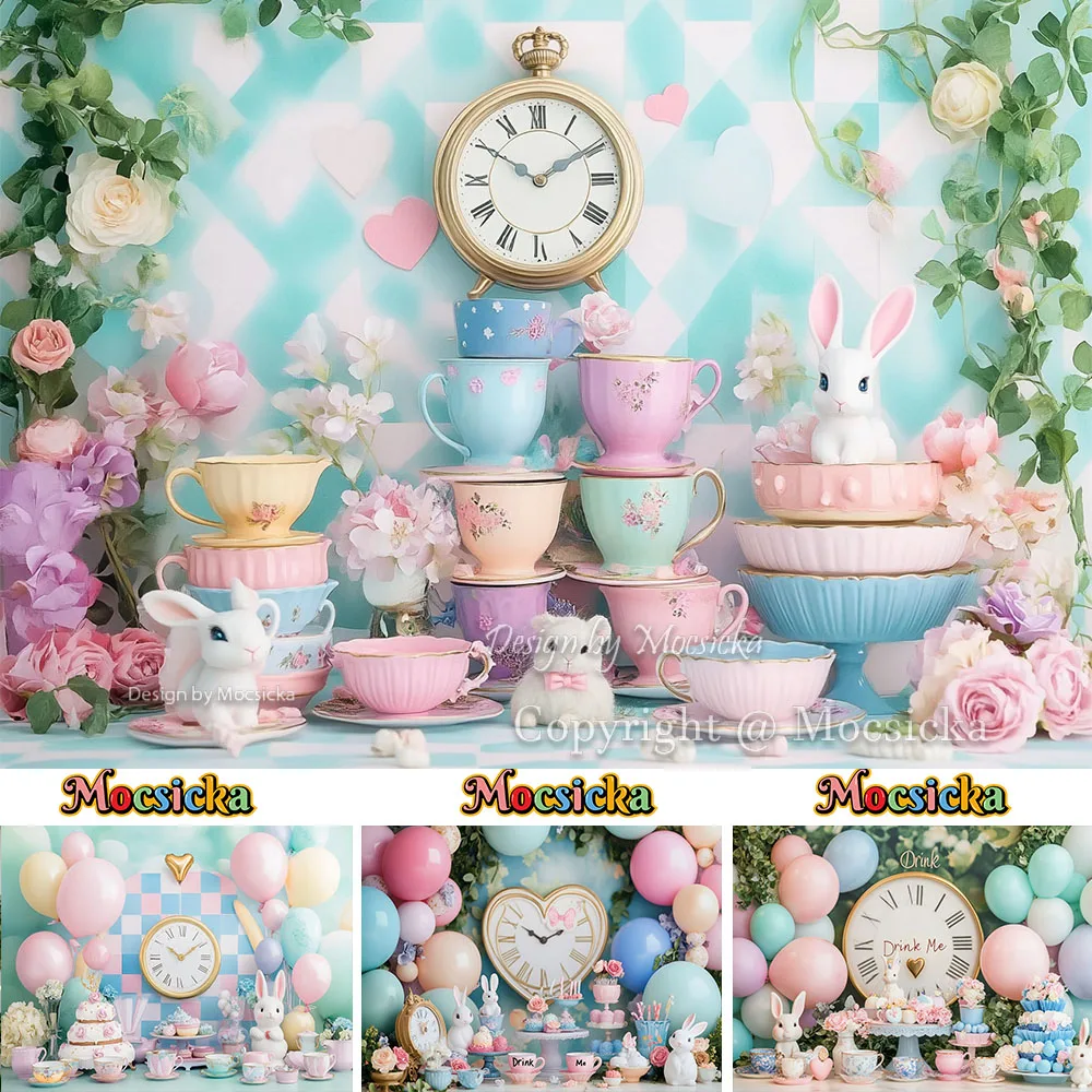 ฉากหลังถ่ายภาพงานเลี้ยงน้ำชาธีมสาวน้อยมอคซิก้า วันเดอร์แลนด์ พร้อมนาฬิกา กระต่าย ถ้วยชา ลายดอกไม้ สำหรับตกแต่งฉากหลังงานวันเกิดเด็ก ภาพถ่ายแฟนตาซี