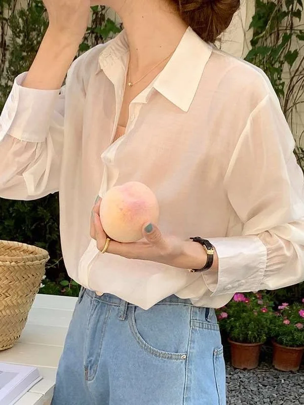

Sendo Spring Shirt Women Loose Sunscreen Long Sleeves outside Commute Style Polyester Fiber Thin Pure Color Business Women's ...