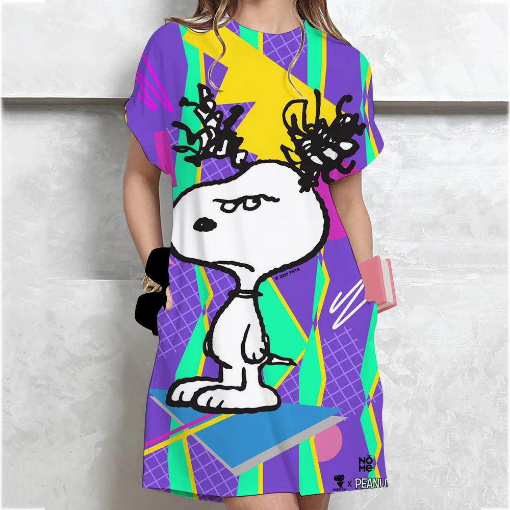 Women's summer casual Snoopy print loose size round neck short sleeved T-shirt dress New Fashion Printed Round