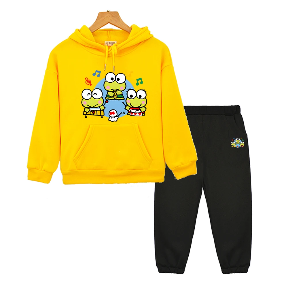 

2pcs keroppi Anime hoodie Fleece sweatshirt boys girls Hooded Spors Sets Jacket Hello Kitty pullover+pants kids boutique clothes