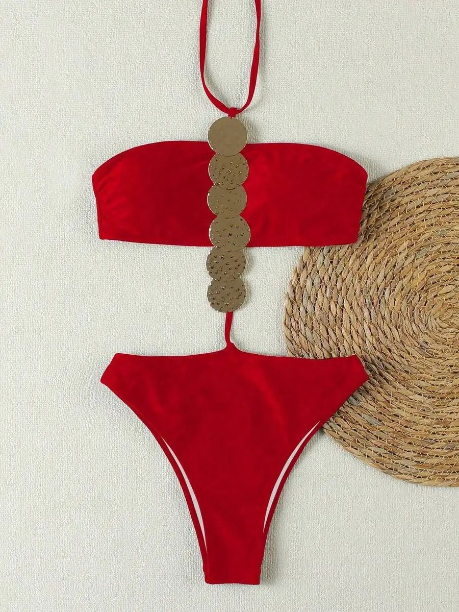 

Red Womens Halter Bikini Set With Metallic Discs Decoration