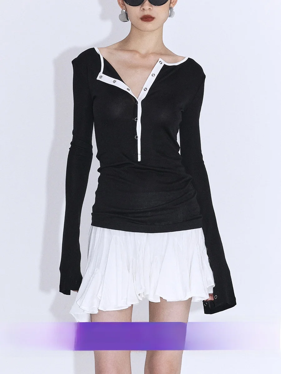 

Slimming Effect Thin Henry Collar Sve Split Color Blo Base irt Women's Long Sve Knitted Sweater Ruhui Commute Sle