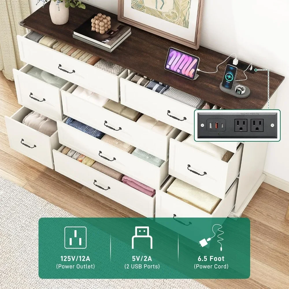 خزانة ذات 9 أدراج لغرفة النوم، خزانة خشبية مقاس 63 بوصة وخزانة ذات أدراج مع منافذ طاقة، وخزائن كبيرة وواسعة لغرفة النوم، #4