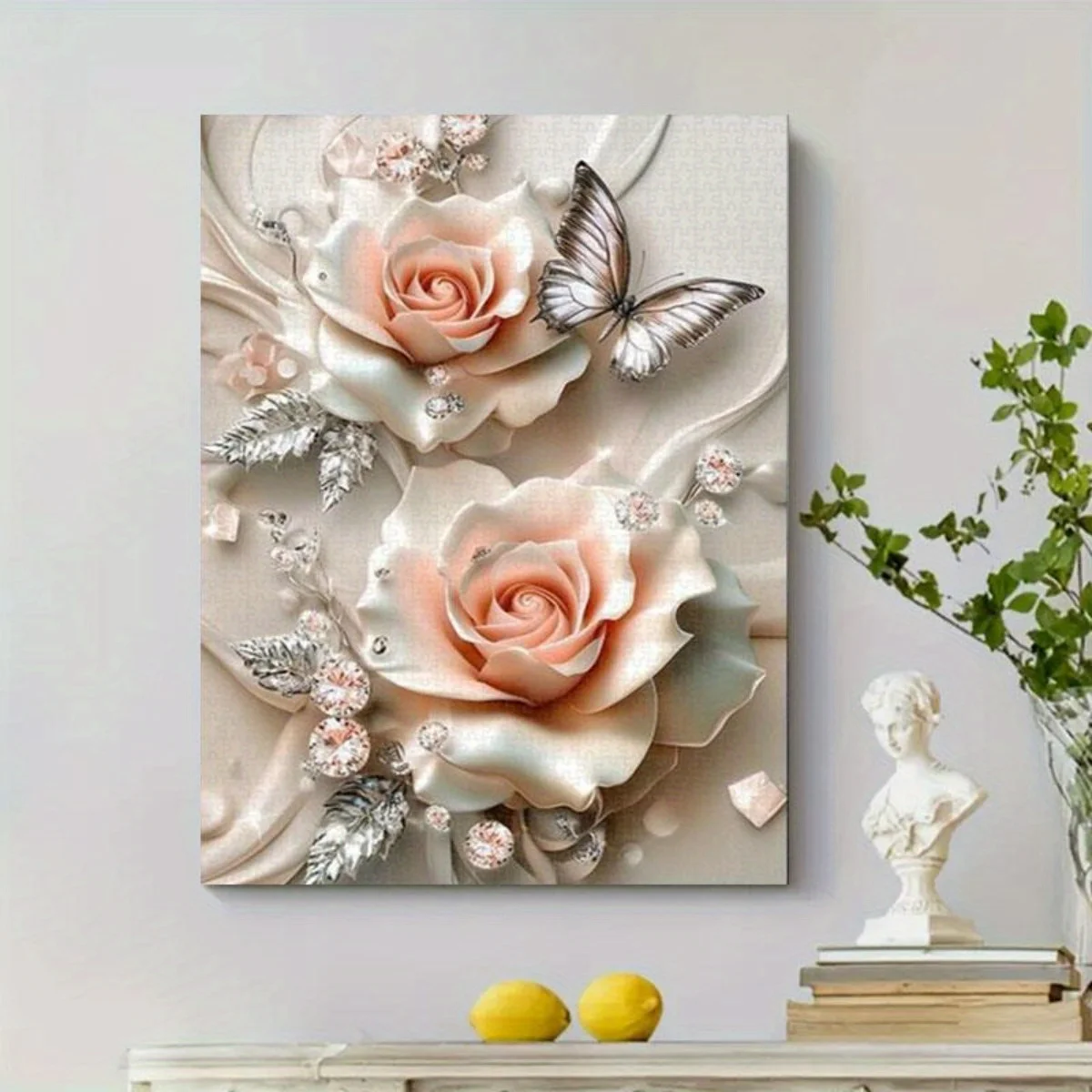 1000 قطعة من أحجية الورد ثلاثية الأبعاد مع فراشات فضية وبتلات وردية، الماس مزينة بحرفية رائعة للإغاثة إلى C #5