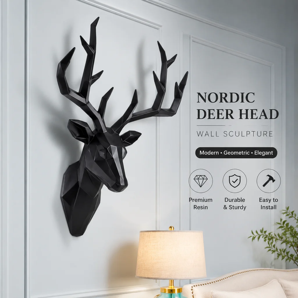 Large 3D Deer Head Wall Sculpture – Modern Home Decor, Wedding Party Art Piece, Living Room or Bedroom Accent