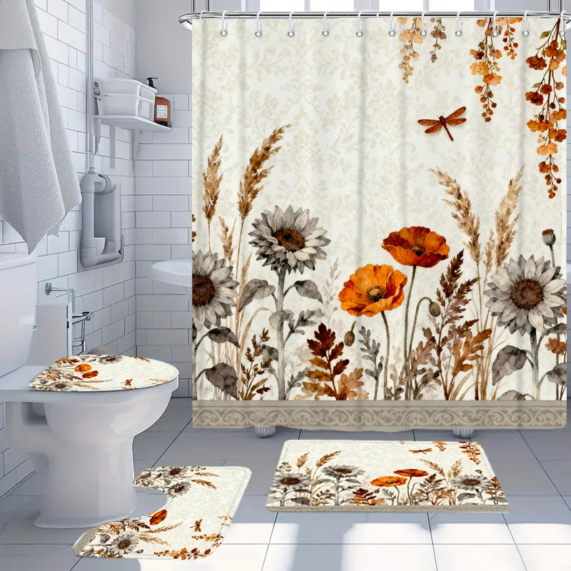 2D Flat, 4pcs Rustic 2D Bathroom Set, Featuring High-Quality Bathroom Decorations And Additions, Including a Non-Slip, U-Shaped, Toilet Seat, And Shower Curtain with 12 Hooks