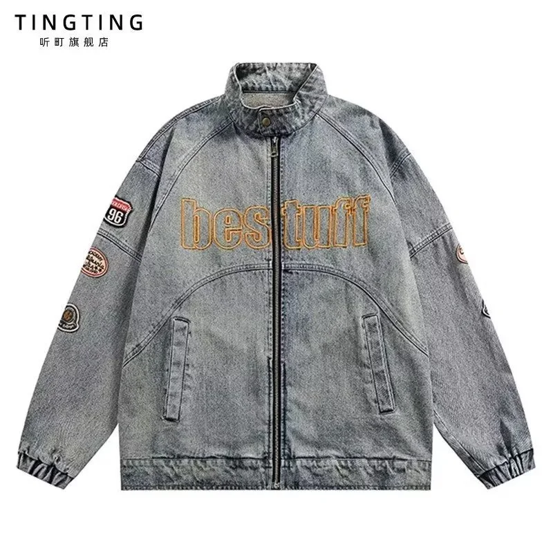 

GIOIOMen's Denim Jacket，Spring and Autumn American Retro Embroidered Stand Collar Motorcycle Casual Denim Jacket，Top