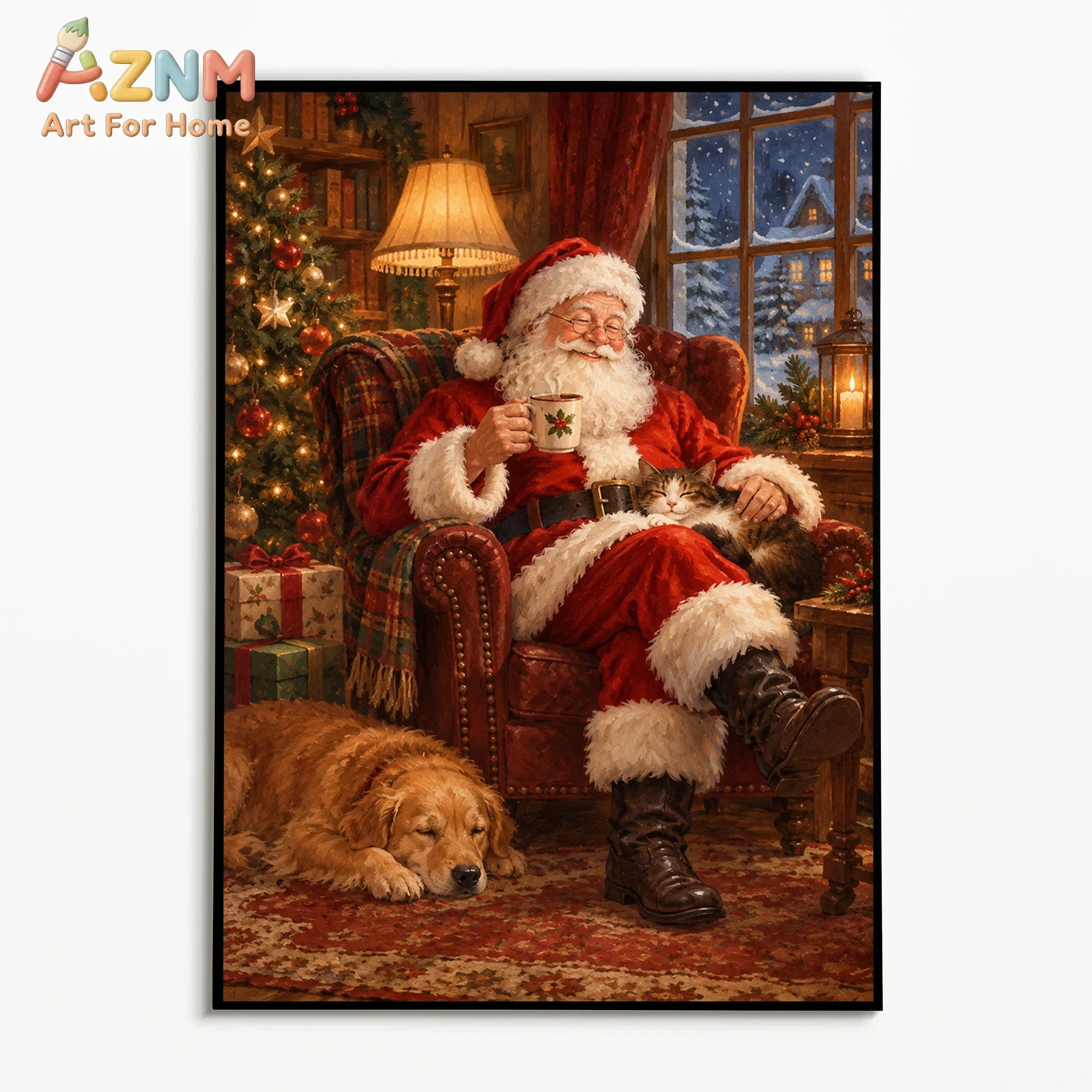 AZNM Vintage Santa Claus Canvas Wall Art Watercolor Santa With Christmas Gifts Print Poster Retro Winter Holiday Art for Home Xm