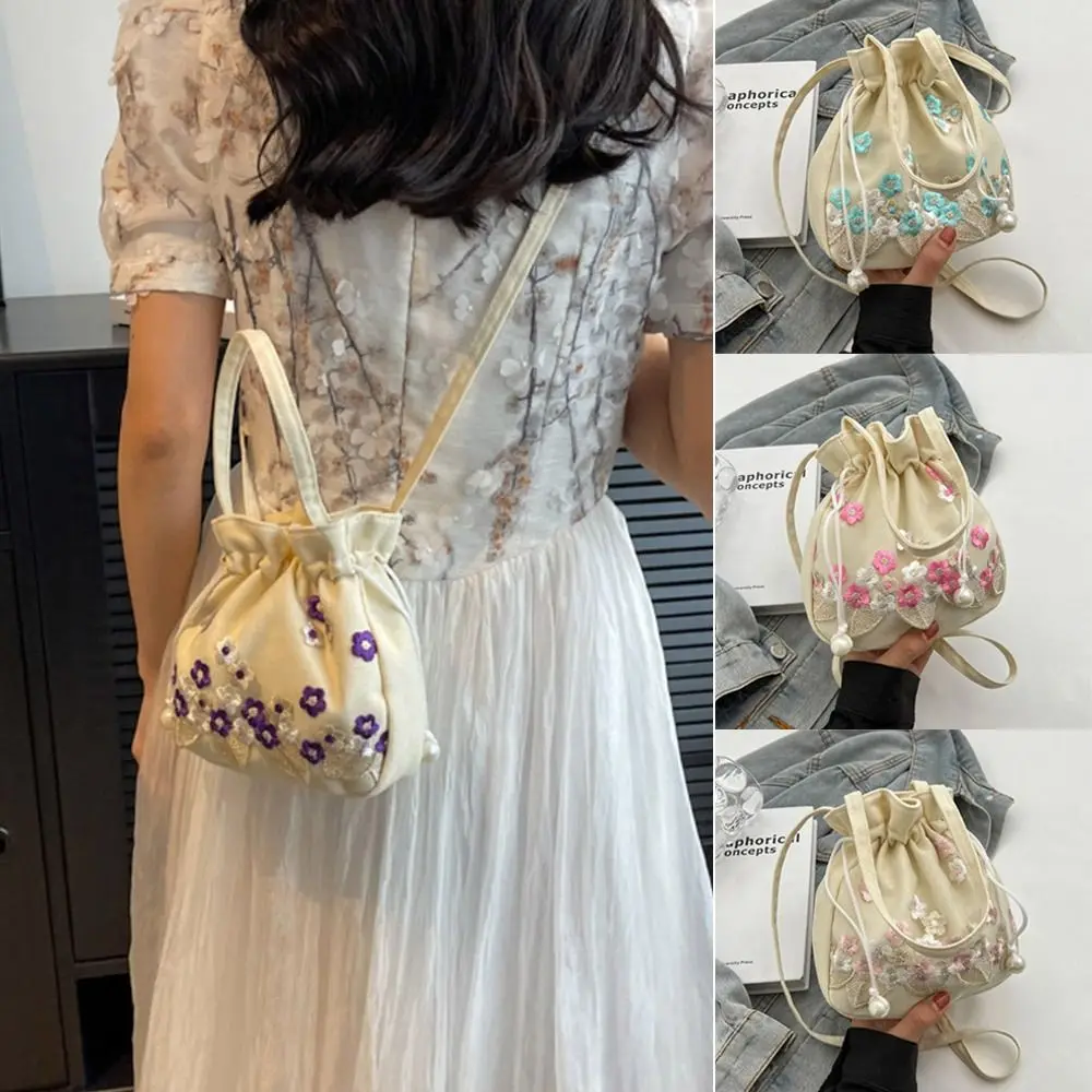 Female Girls Embroidered Flower Women\'s Handbags Fashion Single Shoulder Large Capacity Bucket Bag Crossbody Bag