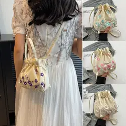 Female Girls Embroidered Flower Women's Handbags Fashion Single Shoulder Large Capacity Bucket Bag Crossbody Bag