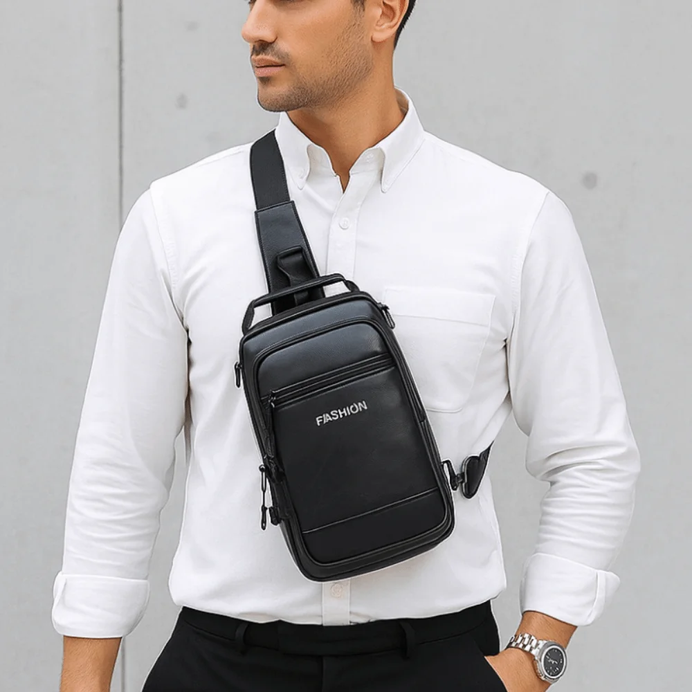 

PU Leather Men's Chest Bag Solid Color Multifunctional Sling Shoulder Bag Adjustable Strap Multiple pockets Male Crossbody Bag