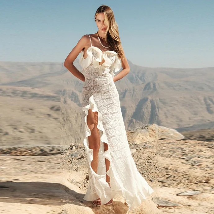 Elegantes, sexy, langes Urlaubskleid, Spitze, hoher Schlitz, plissiert, charmant, Sommer, luxuriös, schlankmachend, Party, Abendkleider, Damenkleidung