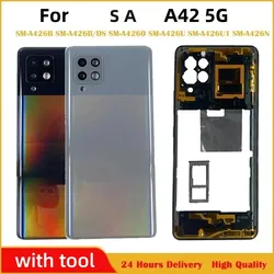 Dla Samsung Galaxy A42 5G A426 obudowa środkowa rama pokrywa tylna pokrywa baterii z tworzywa sztucznego tylna klapa z soczewką samoprzylepne Logo