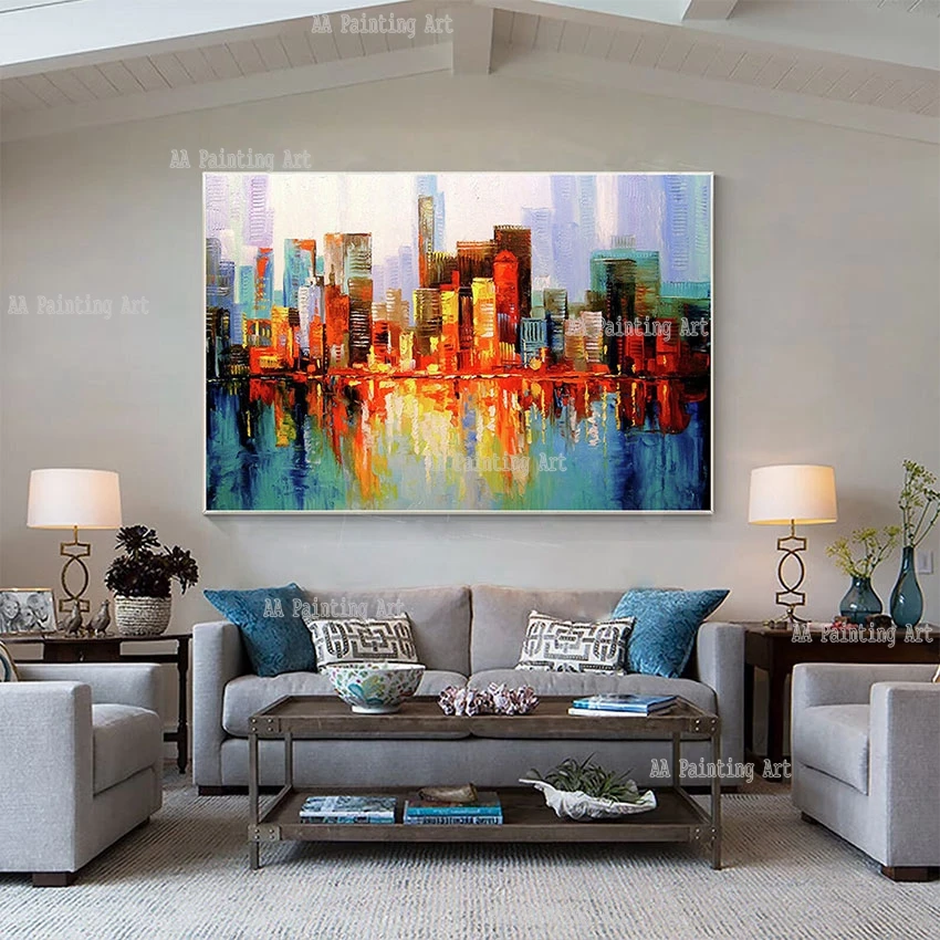 

Large Living Room Decorative Item City Night Scenery Buildings Oil Painting Pure Handmade Knife Poster Art On Canvas For Wall