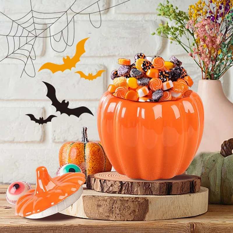 Ceramic Pumpkin Container,Halloween Pumpkin Canister,Small Fall Candy Bowl with Lid for Festival Party Fall Table Decor-AD23