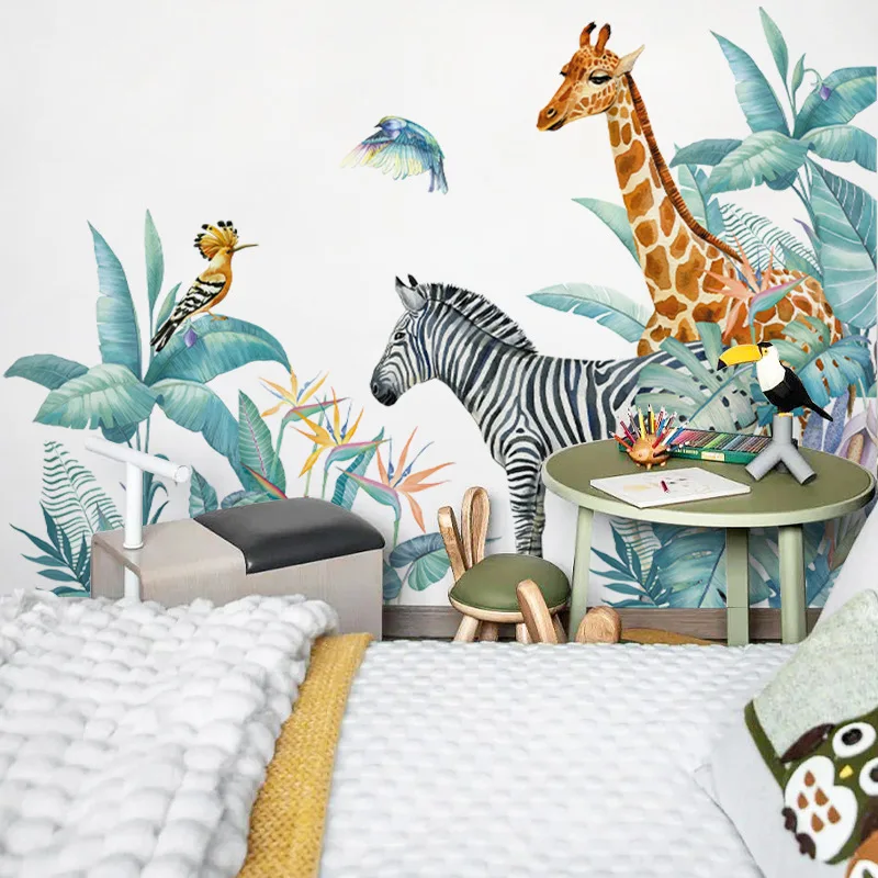 Cartoon jungle zebra giraffe sticker for living room kids room decoration self adhesive wall decor