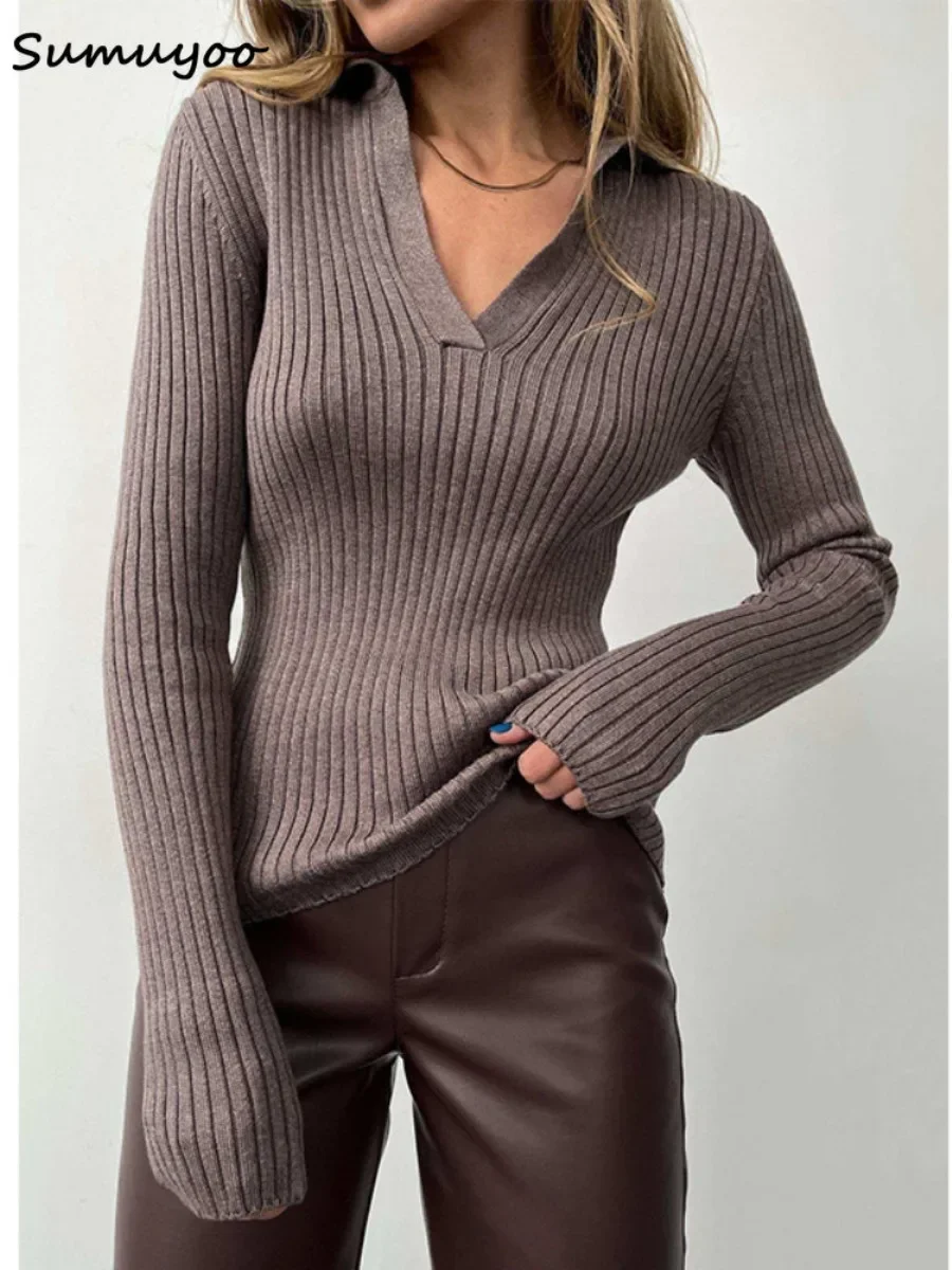 Sumuyoo 2023 suéteres básicos con cuello tipo Polo para mujer, Tops de otoño e invierno, Jersey ajustado, Jersey de punto, Jersey femenino suave y