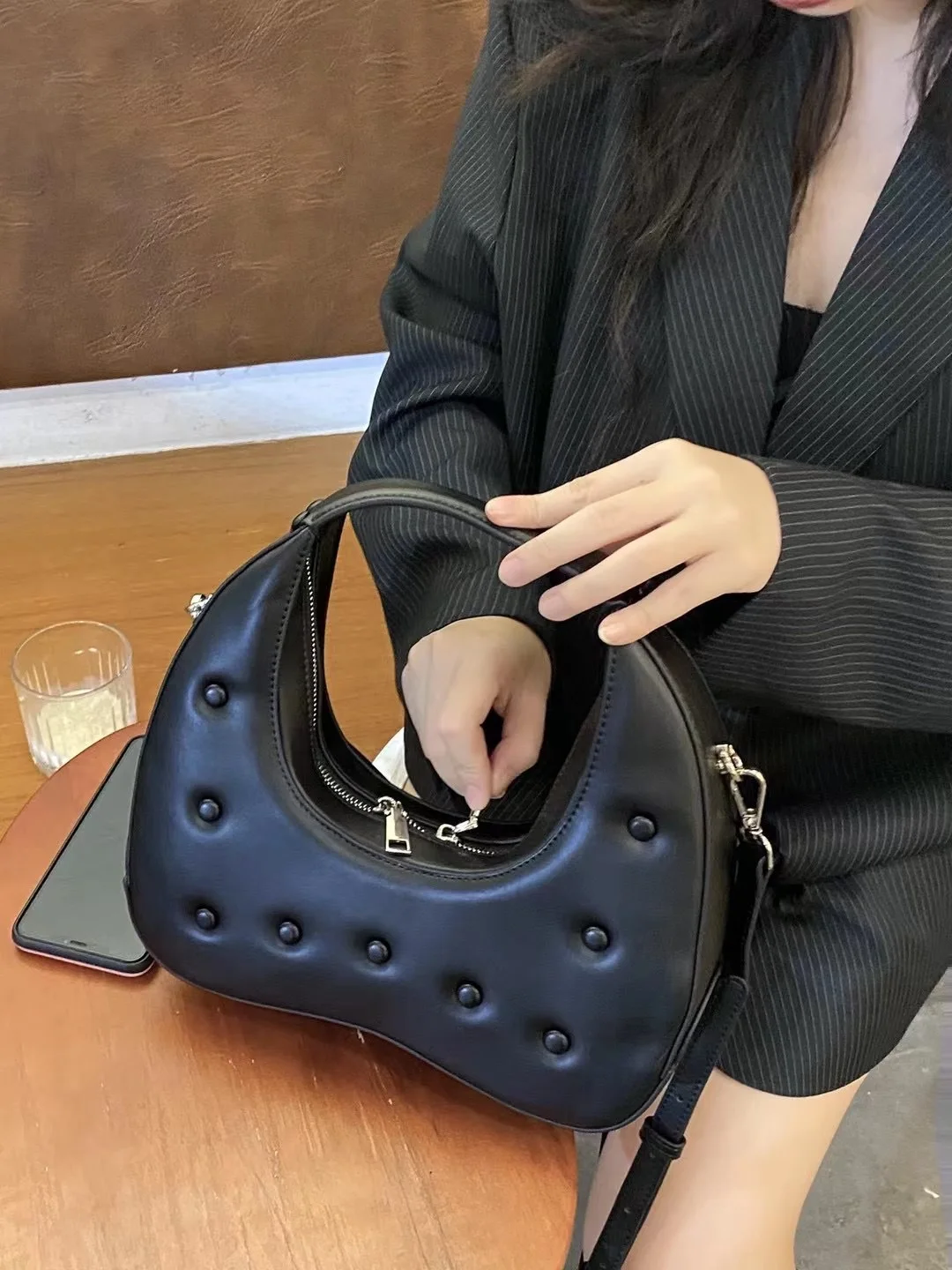 FIRMRANCH Retro Black White Checkerboard Plaid Crescent Rivets Semicircle Handbag Cheese Shoulder Diagonal Bag For Woman Purse