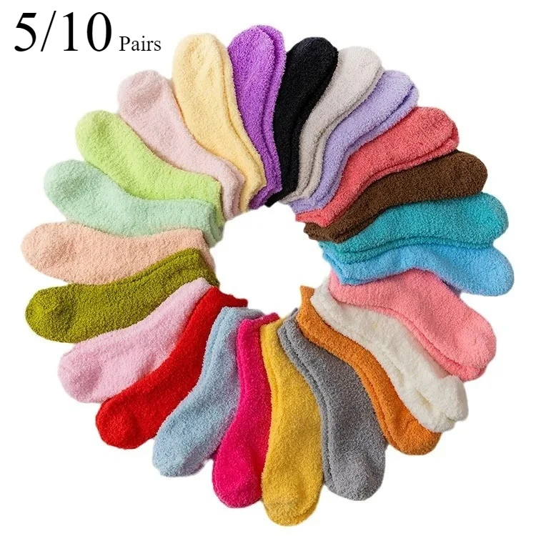 

5/10 Pairs Fashionable Winter Solid Color Women Coral Fleece Mid Tube Socks Comfortable Warm Plush Thick Casual Floor Socks girl