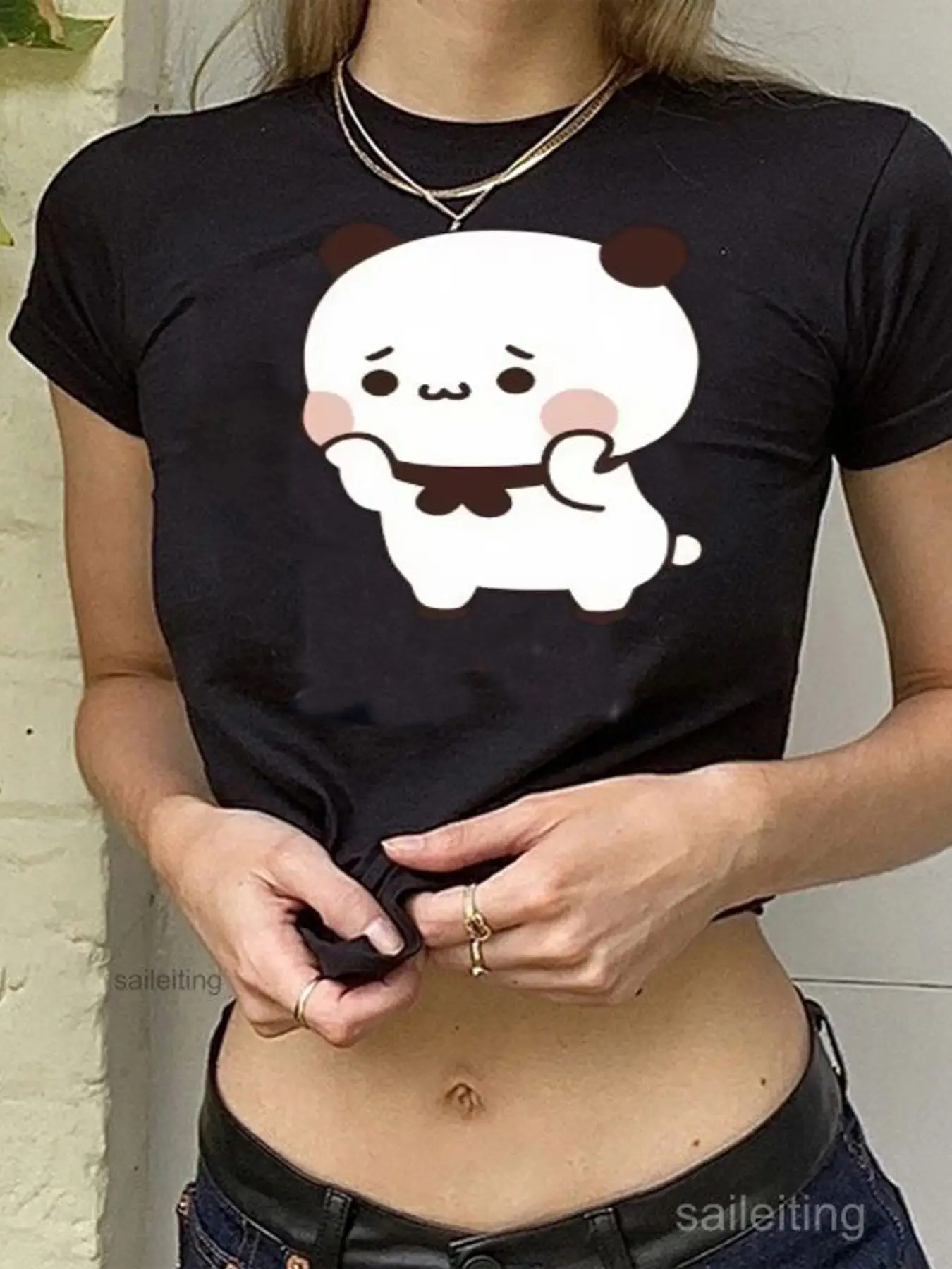 Women's Cute Panda Print Crop Top Short Sleeve T-Shirt Harajuku Streetwear Aesthetic Summer Casual Tops