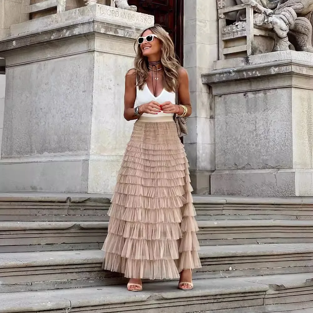 Customizable Summer Elegant High-waisted Cake Skirt Solid Color Loose-fit Long Dress For Commuting Pink Cake Patchwork Skirt