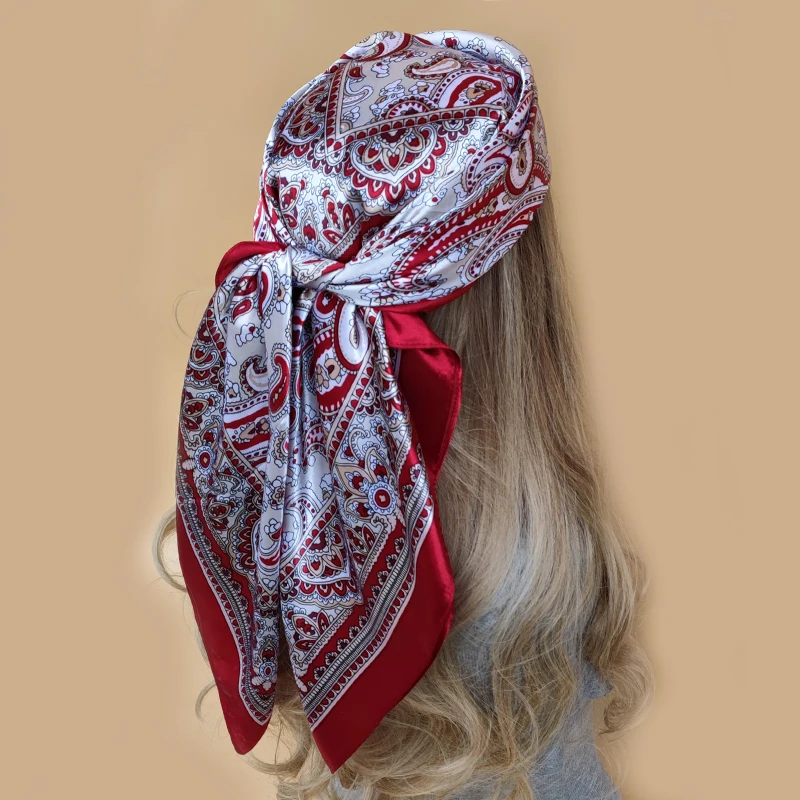 Hijab cetim de seda para mulheres, lenços quadrados para senhoras, bandana feminina, silenciador Foulard, xale estampado, marca de luxo, moda, 90x90cm