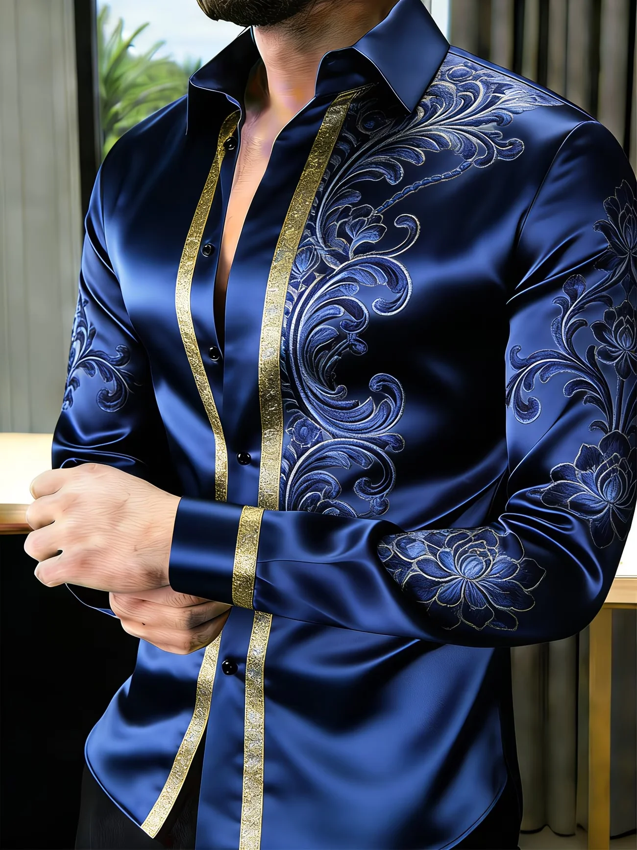 

New men's eagle pattern 3D printed long sleeved shirt with high-quality pattern casual long sleeved lapel top