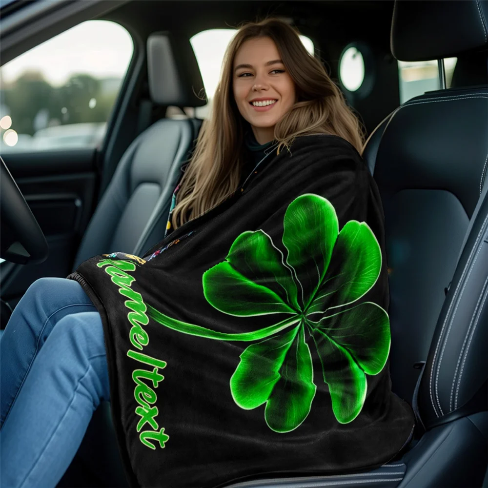 Custom name four-leaf clover themed flannel blanket, soft blanket suitable for sofa, bed, birthdays, children, friends, gifts