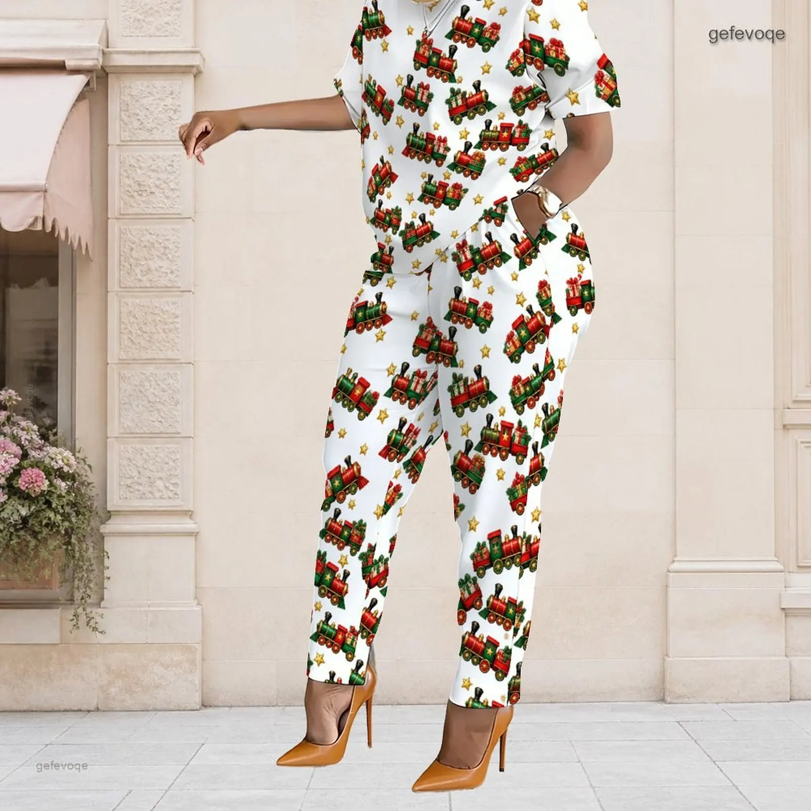 Winter Graphic Print Plus Size Sets Women O Neck Playful Plus Size Clothes Womens Clothing For Christmas Holiday Theme Party