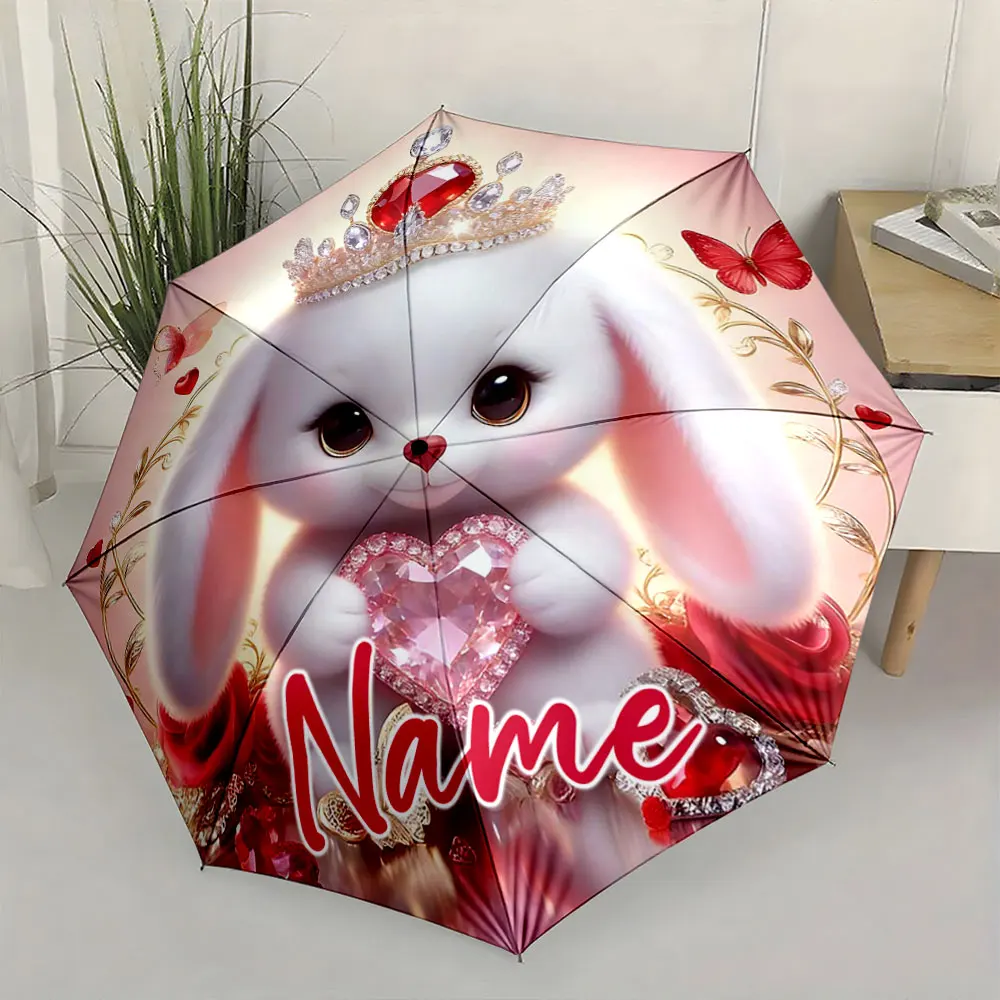 Custom Name Cute Bunny Umbrella with Heart and Crown Design Print 8 Iron Ribs Folding Umbrella Auto-Open Fashion Sunshade